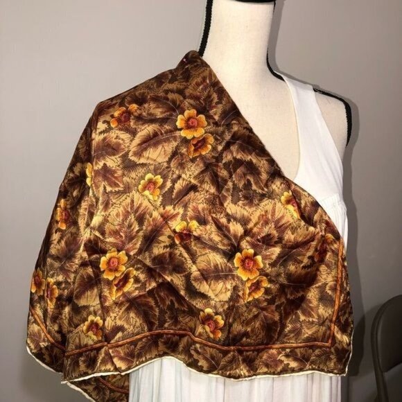 Vintage Brown Floral Square Scarf Japan 26x26 Hand Rolled - Picture 3 of 6